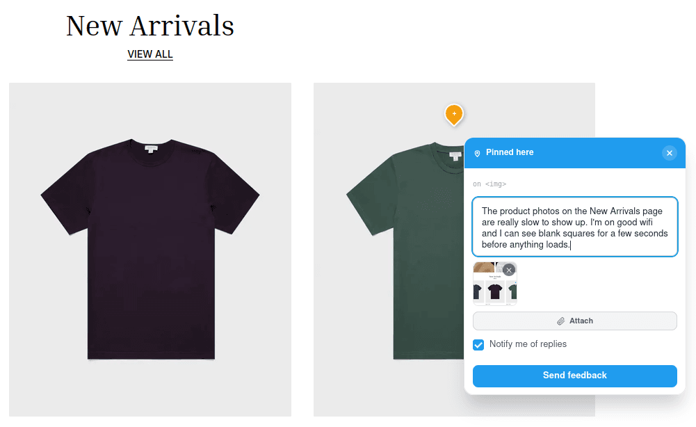 The VibeVaults feedback widget open on a live website, with a screenshot attached to a client's feedback message